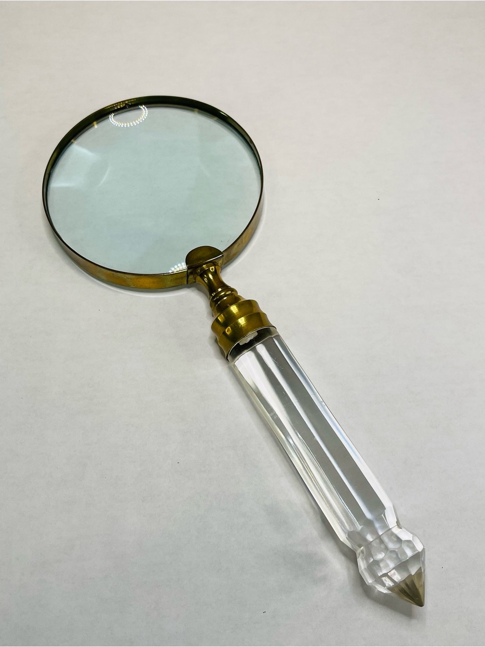 Vintage Acrylic and Brass Handle Magnifying Glass 4 inch Diameter